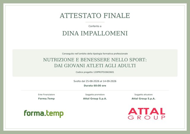 Attestato finale - Nutrizione e benessere nello sport: dai giovani atleti agli adulti